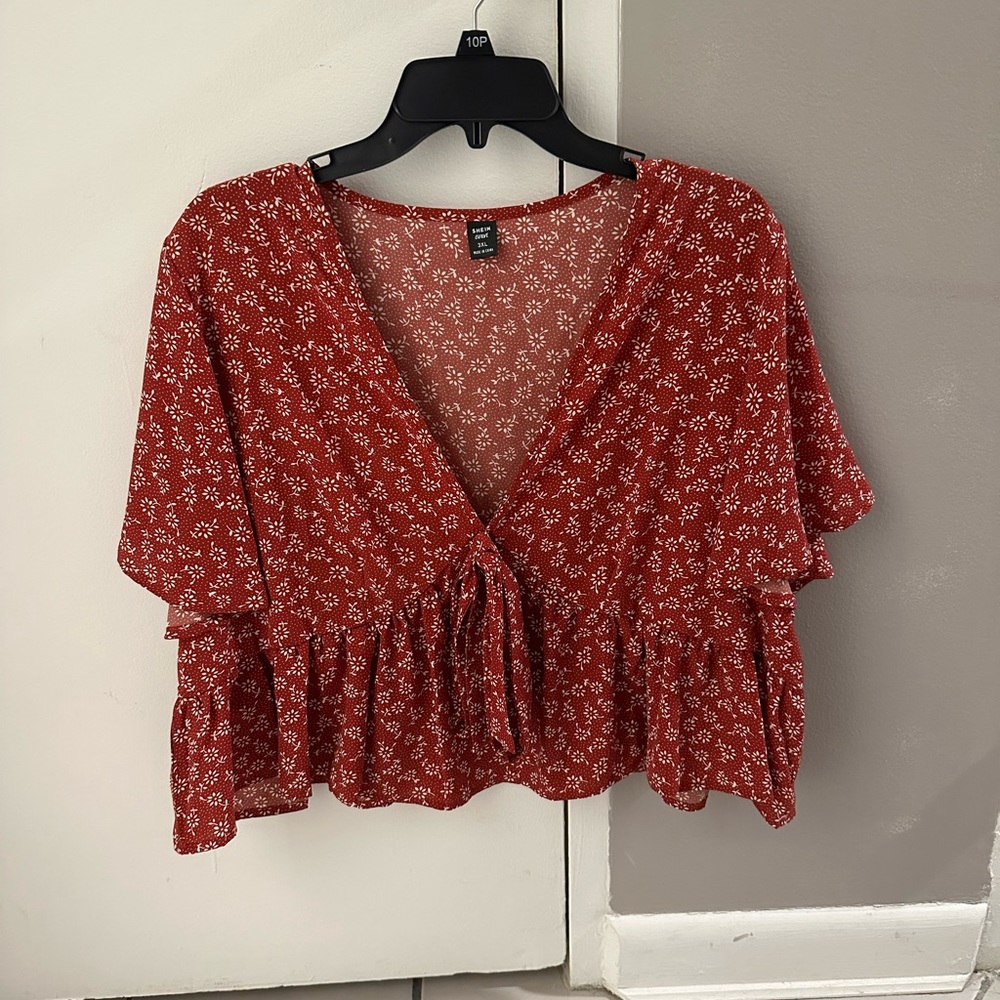 Red floral peplum top (shein size)